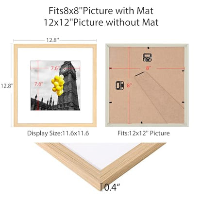 12x12 Picture Frame Set of 6, Display Pictures 8x8 with Mat or 12x12 Without Mat, Tabletop Display and Wall Hanging Photo Frame, Gallery Wall Frame Set, Natural - color: Natural, size: 12x12