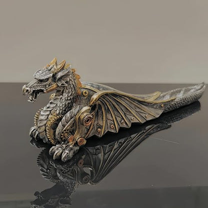 13'' L Mechanical Dragon Incense Holder Burner Stick Sculpture | resin steampunk mystical gothic decor for man cave long ash catcher tabletop aromatherapy ornaments industrial gears gifts