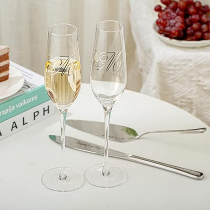 Wedding Cake Cutting Set, Champagne Flutes Wedding Registry Must Haves | Cake Cutting Set for Wedding, Wedding Cake Knife and Server Set & Mr and Mrs Champagne Flutes for Bridal Showr Gifts - color: MR & MRS Silver