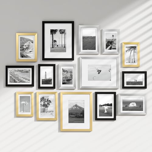 15 Pack Picture Frames Collage Wall Decor, Gallery Frame Set for Wall Mounting or Tabletop Display, Multi Sizes Including 3pcs 8x10, 6pcs 5x7, 6pcs 4x6, Black+Silver+Gold - color: Black+Silver+Gold