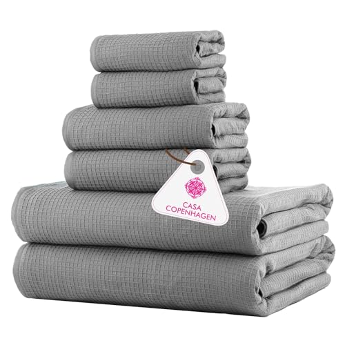 CASA COPENHAGEN Waffle 6Pcs 100% Egyptian Cotton Large Designer Towels Gift Set- Grey Violet, 2Bath 2Hand 2Washcloths, Bath Towels for Bathroom (Box Pack, Set for Women & Men) - color: Waffle 6pcs Towel Set Grey Violet, size: 6 Pieces