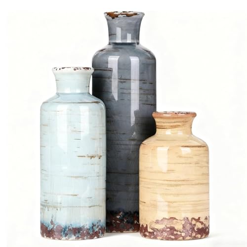 Ceramic Vase Set of 3 - Coastal Multicolor Decorative Vases for Home Decor, Rustic Farmhouse Boho Vases for Living Room, Mantel, Dining Table, Bookshelf, Kitchen or Entryway Decoration - color: Sage Blue Sand