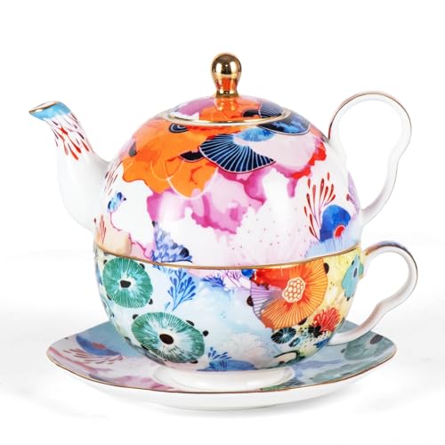 KAMMAK Tea for One Set, Ceramic Teapot, Bone China Tea Set, Cup and Saucer | Colorful, Porcelain Stackable Tea Pot Set with Golden Trim for Coffee and Cappuccino, Ideal for Afternoon Tea and Gifts,YX02 - color: Colorful-XY2