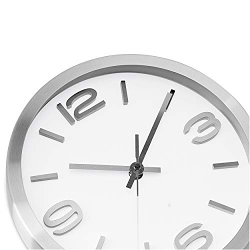 Bernhard Products Modern Wall Clock 10 Inch Silver Silent Non Ticking Battery Operated Round Elegant Metal Quality Quartz for Kitchen Home Office Clock with 3D Numbers, Easy to Read - color: Silver & Afternoon White