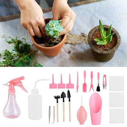 19Pcs/Set Transplanting Tools Set,Succulent Care kit,Mini Garden Hand Transplanting Succulent Tools Set,Succulent Plants Tool，Transplanting Gardening Tools for Bonsai Indoors Small Plants(粉色)