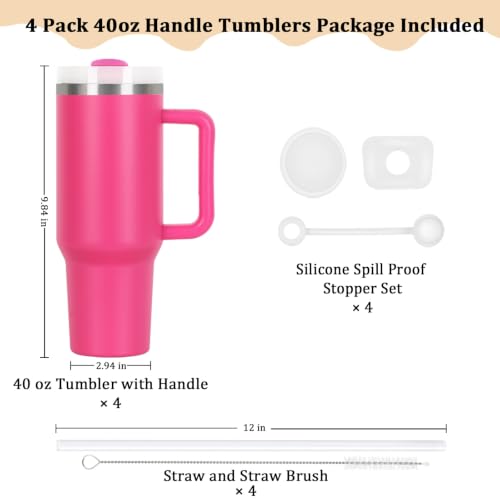 4 Pack 40 Oz Tumblers with Handle Bulk, Double Wall Vacuum Insulated Stainless Steel Tumblers with Lid and Straw, 40 oz Cups with Silicone Spill Proof Stopper Set (Hot Pink) - color: Hot Pink