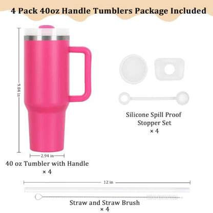 4 Pack 40 Oz Tumblers with Handle Bulk, Double Wall Vacuum Insulated Stainless Steel Tumblers with Lid and Straw, 40 oz Cups with Silicone Spill Proof Stopper Set (Hot Pink) - color: Hot Pink