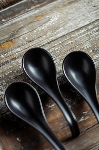 LYEOBOH Soup Spoons, Ceramic Ramen Spoon Set of 6-6.5inch Japanese Spoons | Chinese Spoons with Deep Hook Non-slip, Stackable Korean Spoons Deep for Pho Pasta Cereal, Dishwasher & Microwave Safe, Black - color: Black