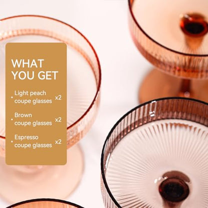 Brown Coupe Glasses Set of 6 |9 oz earth tones Brown martini Glasses |Melanin Cocktail Glasses Set,Champagne Coupe Glasses for Margarita, Bar,Dessert Glass - color: Melanie