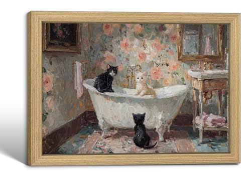 Framed Cat Canvas Wall Art Vintage Bathroom Decor Cottagecore 16X12 Inch | Cute Painting Prints Picture Poster Ready To Hang for bathroom bedroom nursery entryway farmhouse decor - color: Vintage Cat 025, size: 16"L x 12"W
