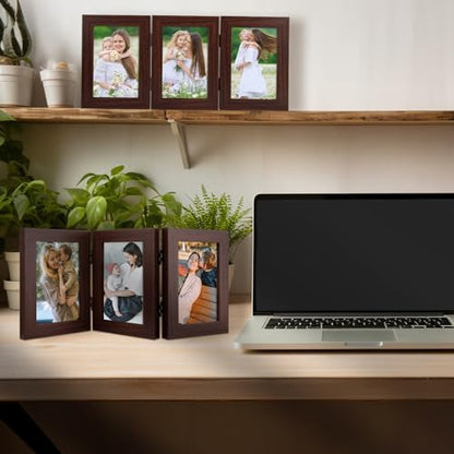 Golden State Art, 4x6 Triple Picture Frame Brown- Real Glass, 2 Pack | Trifold Photo Frame Vertical Display for Desktop - Three Folding Picture Collage - color: Brown, size: 4x6(2 Pack)