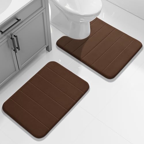 Yimobra U-Shaped Toilet Bath Mat Set 2 Piece - Super Soft Absorbent Quick Dry Memory Foam Bathroom Rugs, Machine Washable Non Slip Floor Carpet for Tub Shower & Single Sink (17x24 & 24x20, Brown) - color: Brown, size: 24x17+24x20 Inch