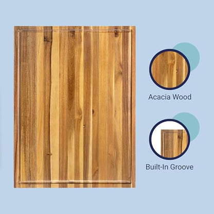 happimess Eldridge Extra Large 24" x 18" Acacia Cutting Board, Natural | Handcrafted, 1 Inch Thick, Reversible Design, Juice Grooves, Authentic Wood Grain, Rectangular, Farmhouse Style - color: Natural, size: 24"L x 18"W