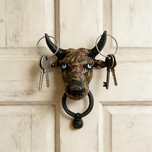 Bull Head Door Key Holder Wall Mount, Rustic Cast Iron Key Hanger, Western Farmhouse Decorative Wall Key Rack for Entryway Front Door Garage Bar, Vintage Home Decor Gift for Men - color: Painted Cow