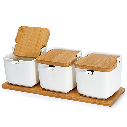 Set of 3 Porcelain Sugar Bowl, 8.8 fl oz Condiment Pots with Spoons Bamboo Flip Lids Labels, Spice Salt Tray Serving for Home Kitchen - color: S-002-3