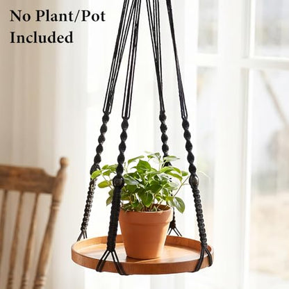 Macrame Plant Hanger 2 Pack, Hanging Planter Shelf Set with Wood Tray for Indoor Plants, Boho Home Decor (Black, Large & Medium)