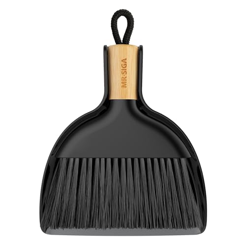 MR.SIGA Mini Dustpan and Brush Set, Bamboo Handle, Black, 1 Set | Portable cleaning brush and dustpan combo, handheld brush and dustpan combo with hanging loop - color: Black