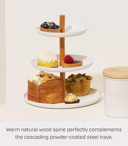 Yamazaki Home 3-Tier Food Serving Stand - Appetizer & Dessert Tray Party Organizer Steel + Wood White | 3-tier food serving stand & party organizer. Durable steel and wood construction. Display appetizers and hors d'oeuvres. - size: 7.9"