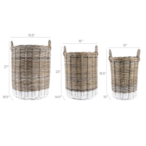 happimess Ternion 3-Piece Nesting Rattan Storage Baskets, Kubu Gray/White | Hand-Woven Wicker Containers With Handles, 27"H Two-Tone Cylindrical Bohemian Decor For Living Room Laundry Room Bedroom
