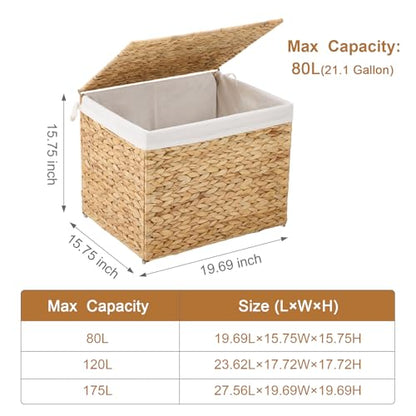 Water Hyacinth Storage Basket with Lid, 21.1 Gallon (80L) Wicker Shelf Basket with Removable Liner, Wicker Storage Basket for Blanket, for Livingroom, Bedroom, Natural - size: 19.7"L x 15.75"W x 15.75"H