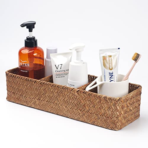 Seagrass Storage Basket Woven Shelf Baskets for Bathroom Vanity Dresser Organizer 14.6inch x 4.7inch x 3.1inch - color: 3 Section without Lid