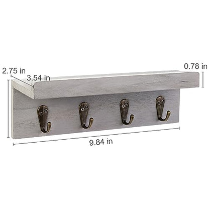 HRONRAD Rustic Key Holder for Wall, Farmhouse Wall Shelf with 4 Hooks, Wall Mounted Key Racks, Wooden Mail Organizer with Hooks for Entryway (Grey) - color: Gray