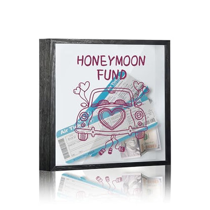 Honeymoon Fund Box, 8×8 Wedding Shadow Box Frame with Slot, Pink Wedding Tin Car Money Saving Decoration for Reception Bridal Shower, Travel Fund Memory Keepsake Gift for Newlyweds -A22 - size: 8×8 pink wedding car