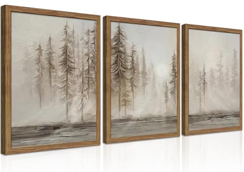 Framed Forest Wall Art Set of 3, Vintage Neutral Tree Canvas Wall Decor Paintings, Abstract Nature Landscape Artwork Pictures Prints for Living Room Office Bedroom 12x16 Inch - color: Neutral Forest, size: 16L" x 12W"