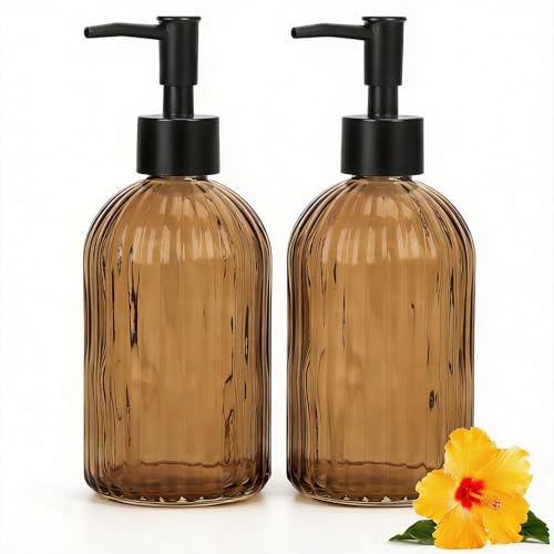 Glass Soap Dispenser Set with Wood Tray, Glass Soap Dispenser with Plastic Pump, Hand and Dish Set for Bathroom Decor (Amber)