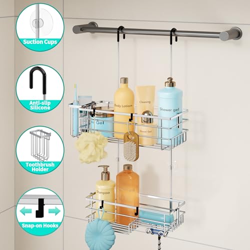 HapiRm Hanging Shower Caddy Organizer - No Drilling Shower Shelves with Hooks and Toothbrush Holder, Rustproof 304 Stainless Steel Bathroom Organizer - Silver - color: Silver