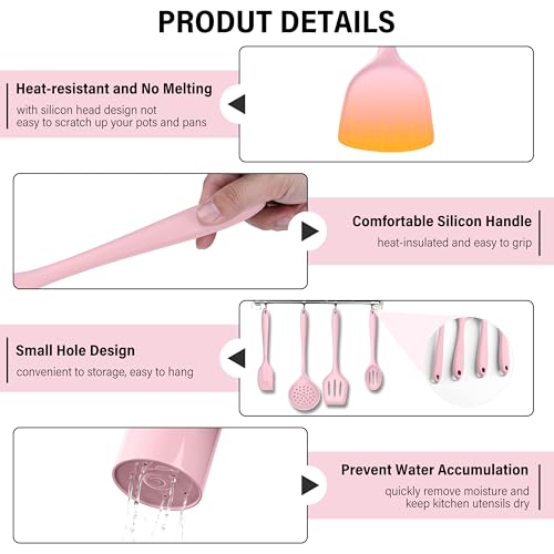 HaWare 11 PCS Silicone Cooking Utensils Set, Heat Resistant Kitchen Utensils with Holder, Food-grade Spatula Sets for Nonstick Cookware, Kitchen Tools Gadgets Include Fish Turner, Spoon (Pink) - color: Pink