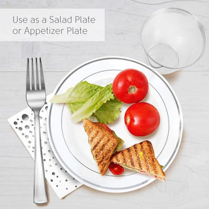 Silver Dessert Plates Set, 100 Plates, Cups, Forks and Napkins, 7.5 Inch | Sturdy plastic, cake service, appetizer tables, salad course, weddings, birthdays, easy cleanup - color: Silver, style: Plates,Forks,Napkins and Cups