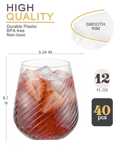 40 Pack Plastic Wine Glasses, 12 Oz Disposable Cocktail Whiskey Glasses | Spiral Stemless Champagne Margarita Glasses, Clear Unbreakable Reusable Plastic Cups for Party Wedding Birthday - color: Spiral-40 Pack