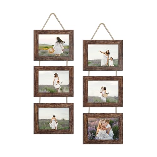 5x7 Collage Picture Frames Set of 2, Rustic Wooden Real Glass Horizontal Hanging 3 Opening 5 by 7 Photo Frame, Brown - color: Brown, size: Horizontal-5x7 in