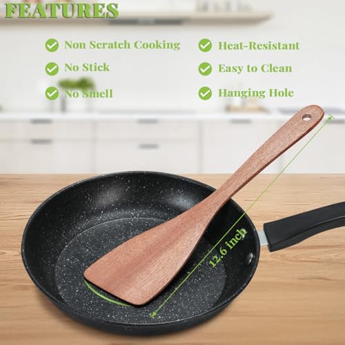 MORGLES 3Pcs Wooden Spatula Set, 12" Long Handle for Nonstick Pans Cooking | Acacia wood, flat scraper, 12" ergo handle, non-scratch, nonstick & cast-iron safe, flips/stirs/scrapes - color: Acacia Brown