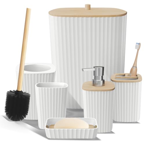 Clara Clark Bathroom Set - White Bathroom Accessories Set, 6PC Bathroom Accessory Set, Bathroom Sets with Toilet Brush, Trash Can & Soap Dispenser - color: White, size: Complete Set