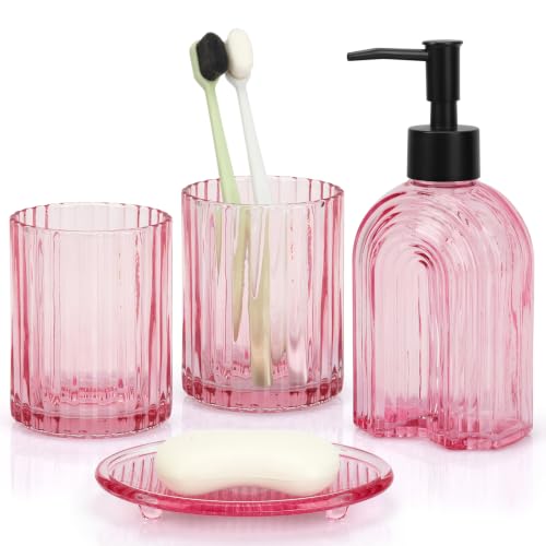 Bathroom Accessories Set, 4Pcs Glass Bathroom Accessories Set Complete, 11.6OZ Lotion Soap Dispenser, Toothbrush Holder, Mouthwash Cup, Soap Dish for Bathroom Decor, Countertop Organizer (Pink) - color: Pink Thin Rainbow