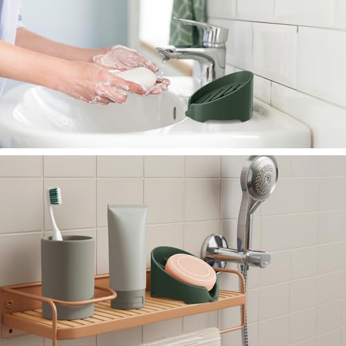 NiHome Silicone Sponge Holder for Kitchen Sink, Fits Scrub Daddy Mommy | Self-Draining Dispenser Organizer Tray, Sink Caddy Countertop Fits Soaps, Scrubber, Dishwasher Safe, Includes Brush - color: Dark Green