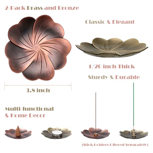 2-Pack Incense Holders for Cones Tea Light Candles Holder Scented Incense Cone Burner Holder Home Decor Trinkets Tray (Brass & Bronze) - size: 3.8'' Copper Trays (2-Pack)