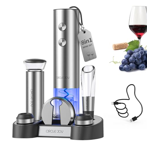 CIRCLE JOY Electric Wine Bottle Opener Set Stainless Steel Rechargeable Wine Opener 8-in-1 Wine Gift Set with Charging base, Foil Cutter, Wine Aerator Pourer, Vacuum Pump & 2 Wine Stoppers, Silver - color: 8-in-1 Silver