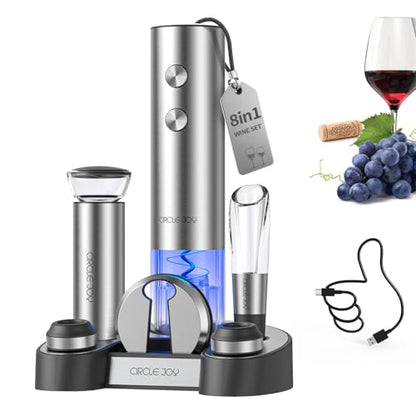 CIRCLE JOY Electric Wine Bottle Opener Set Stainless Steel Rechargeable Wine Opener 8-in-1 Wine Gift Set with Charging base, Foil Cutter, Wine Aerator Pourer, Vacuum Pump & 2 Wine Stoppers, Silver - color: 8-in-1 Silver