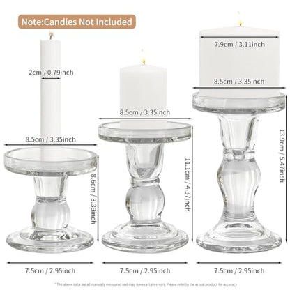 GUTE Glass Candle Holders 3 Pcs Crystal Clear Candlesticks Table Decor | Pillar/Taper/Tealight Candle Compatible,Thickened Crystal Glass,Stable Base,Wedding Centerpiece,Party,Dining Room,Decor