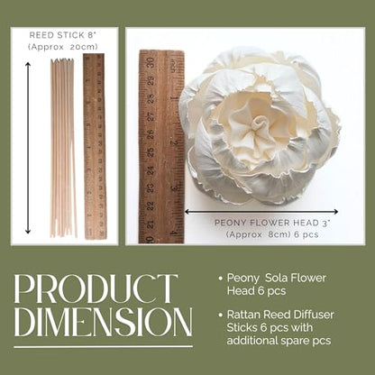 6pcs White 3" Peony Brides Dream Sola Wood Flower Diffuser with Reed Sticks for Home Fragrance Essential Oil DIY Decor