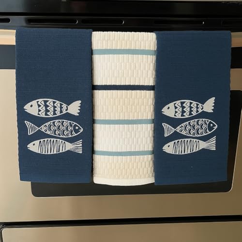 Coastal Kitchen Towels- Set of 3 Navy Blue 100% Cotton Embroidered Fish Design - 16 x 26 Multipurpose Towels for Everyday Use - color: Fish Trio