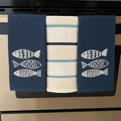 Coastal Kitchen Towels- Set of 3 Navy Blue 100% Cotton Embroidered Fish Design - 16 x 26 Multipurpose Towels for Everyday Use - color: Fish Trio