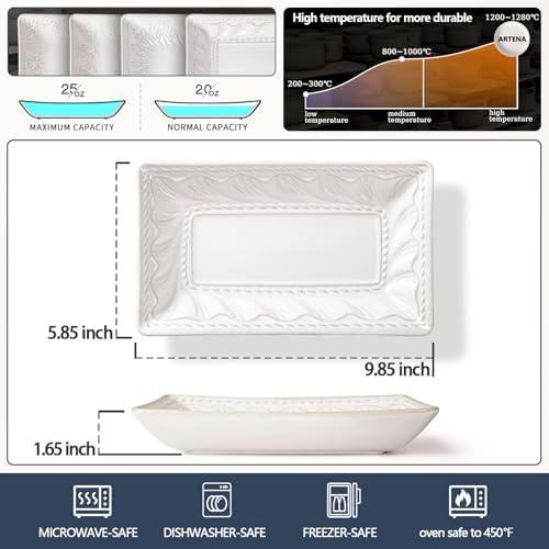 Salad Plates Set of 4, 9.85" Embossed Ceramic Rectangular Appetizer Plates, Deep Lipped Edges, Microwave & Dishwasher Safe, Dessert Sushi Pasta Serving Plates (White, Willow Leaf) - color: White (Willow Leaf), size: 9.85 inch