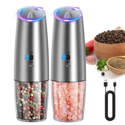 CIRCLE JOY Rechargeable Gravity Electric Salt and Pepper Grinder Set, Stainless Steels Salt and Pepper Mills with LED Light, No Battery Needed, Adjustable Coarseness, Washable 135ml Container, Silver - color: Stainless Steel Set, size: KYMQ + Rechargeable