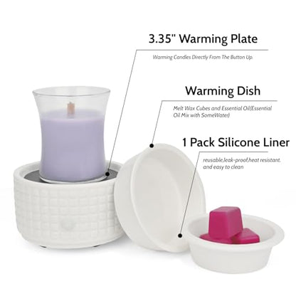 Ceramic Candle Warmer and Wax Melt Warmer with 1 PC Silicone Liner | 4-in-1 Electric Warmer for Jar Candle Wax Cube Essential Oil Coffee, Ideal Gift for Home Office Kitchen（Waffle） - color: White Waffle