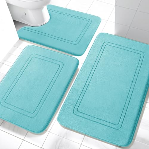 Memory Foam Bath Mat Set, Bathroom Rugs Sets 3 Pieces, Non Slip Bath Mats for Bathroom, Super Soft and Water Absorbent Bath Rug Sets, Machine Washable U Shape Toilet Mats Set,Teal - color: Teal, size: 3pieces
