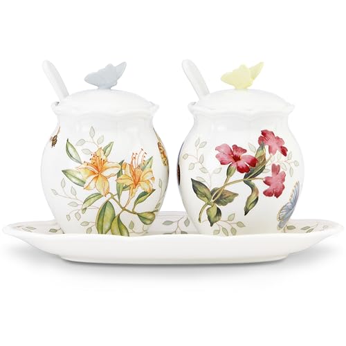 Lenox Butterfly Meadow Porcelain Condiment Set, 7-Piece | dishwasher safe | condiment containers with lids, gift for women, kitchen storage, pantry organization - style: 7-Piece Condiment Set